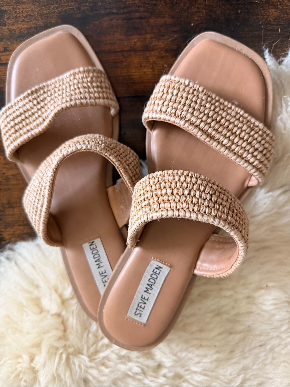 Steve Madden Beige Woven Double-Strap Slide Sandals